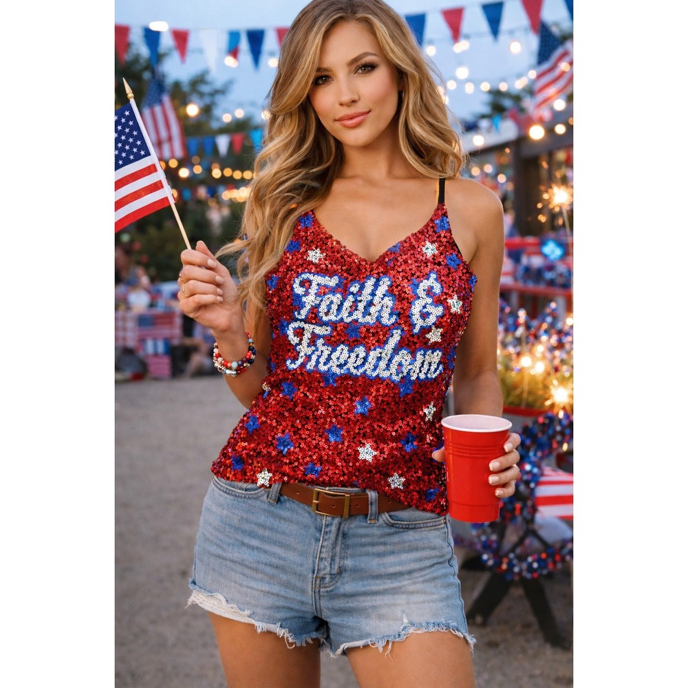 Sequin Faith & Freedom Tank‎ Womens M Patriotic USA Sparkle Bling Y2K Festival
